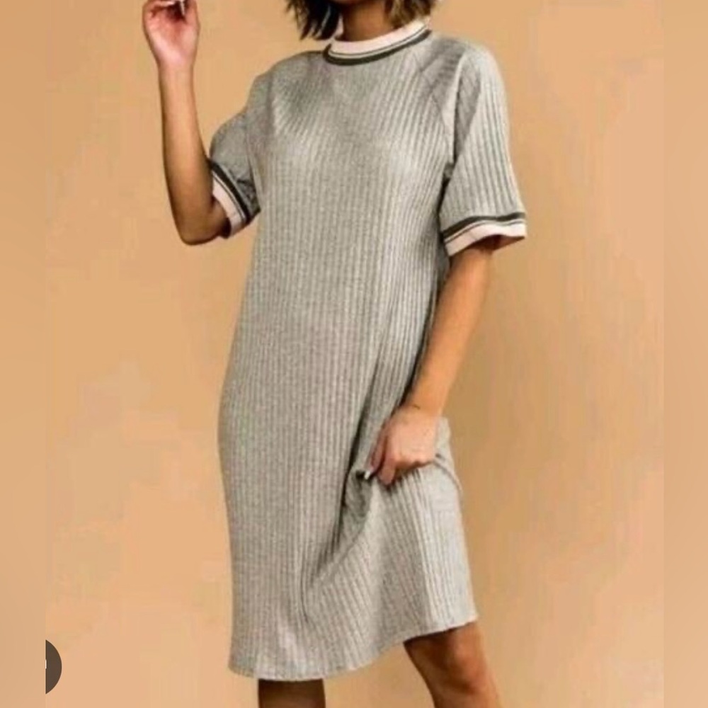 Dressed in LALA Ribbed Midi Dress in Light Gray with Cream Trim